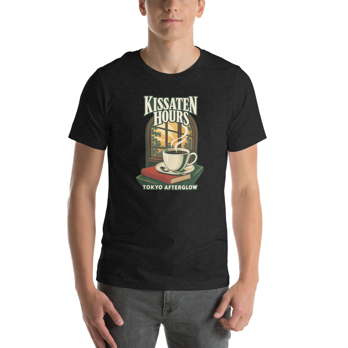 Kissaten Hours T-Shirt in Black Heather, front view