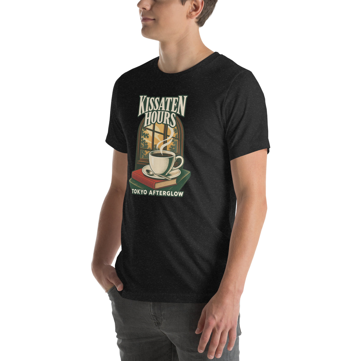 Kissaten Hours T-Shirt in Black Heather, left three-quarter view