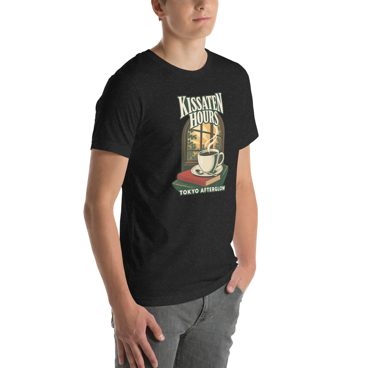 Kissaten Hours T-Shirt in Black Heather, right three-quarter view